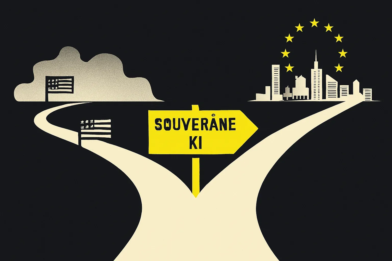 Illustration einer strategischen Weggabelung zwischen US-geprägter KI-Landschaft und europäischer Stadt mit EU-Symbolen. Schild mit Aufschrift ‚Souveräne KI‘ weist den Weg zur digitalen Selbstbestimmung in Europa. Dunkler Hintergrund mit kontrastreichen Akzenten.